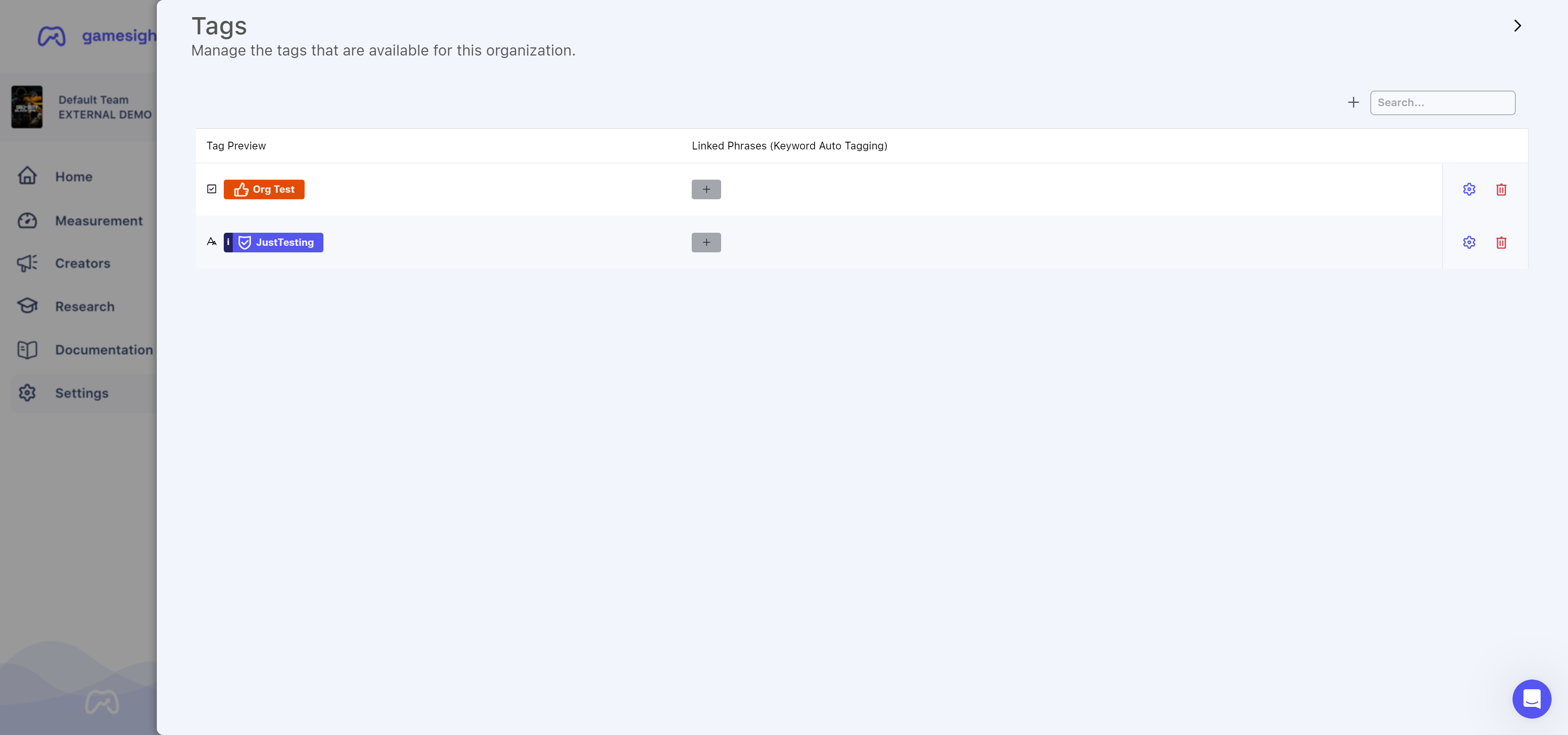 Tag Management panel allows you to edit or delete existing tags
