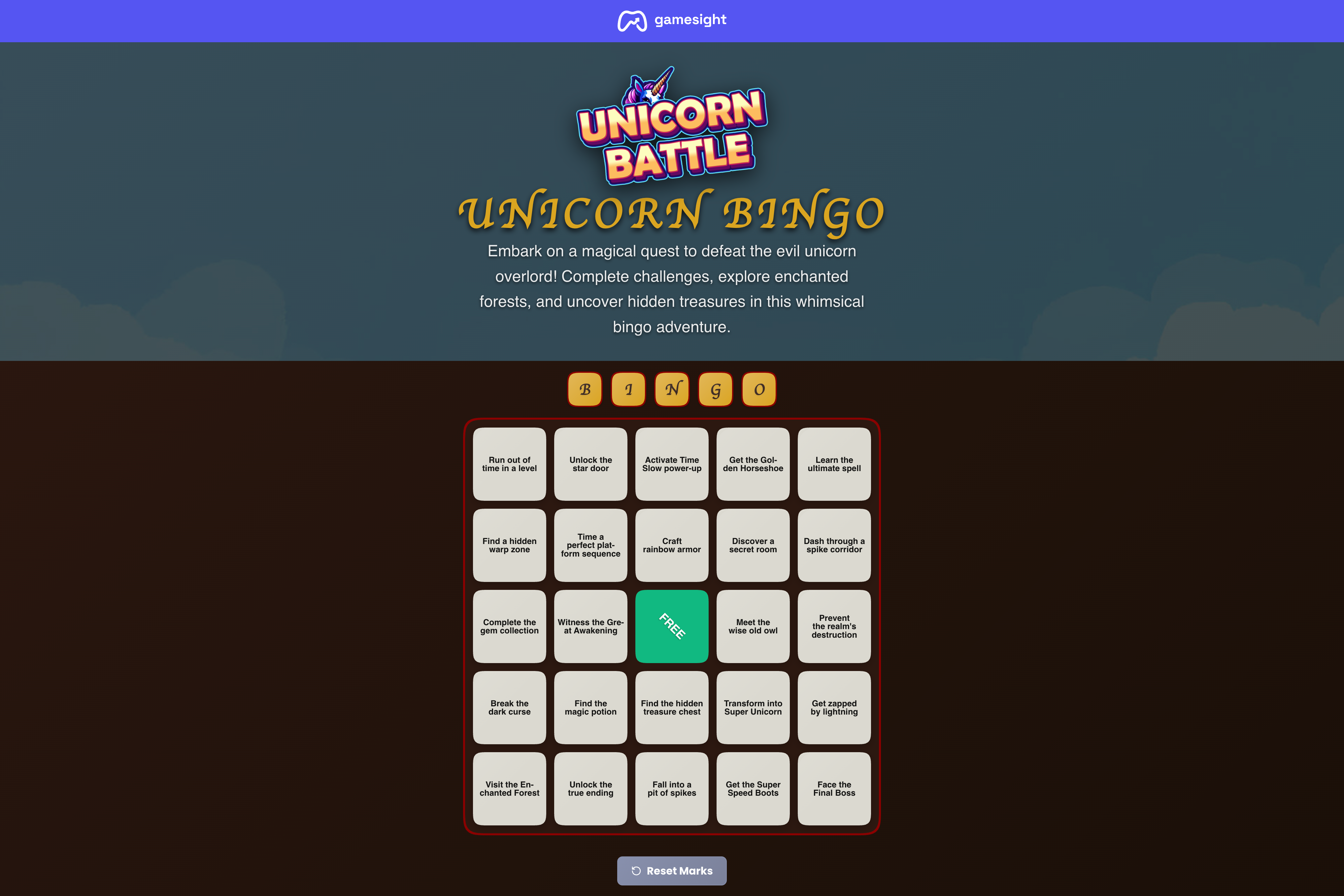 Creator's bingo board view