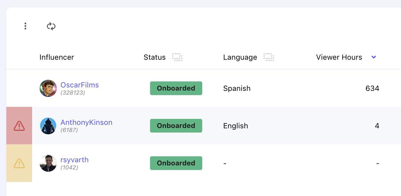 Warning icons displaying next to creators with Do Not Contact and Controversial tags