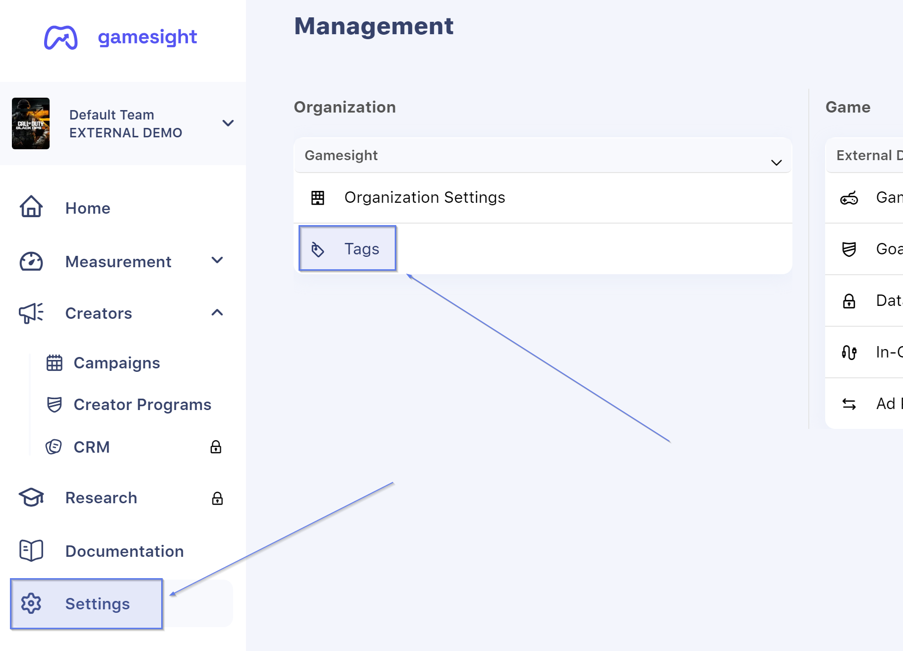 Tag management can be access through Org Settings